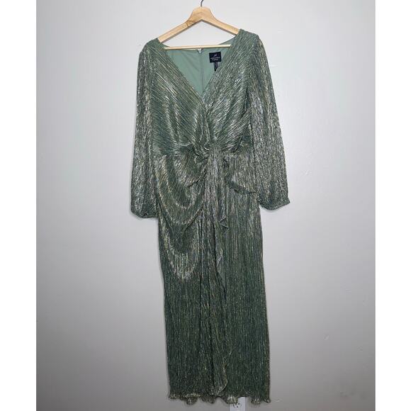 Adrianna Papell Plus Metallic Mesh Draped Gown Green Slate Long Sleeve Dress 14W - Picture 2 of 7